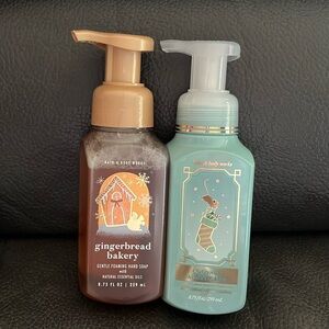 Two bath and body foaming soaps in coconut angel cake and gingerbread bakery